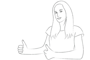 Sketch portrait of a young woman who shows thumbs up