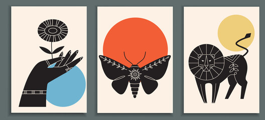 Abstract poster collection with animals, insects, hand holding flowers. Set of contemporary scandinavian art print templates with lion and moth. Ink animals with floral ornament and geometrical shapes