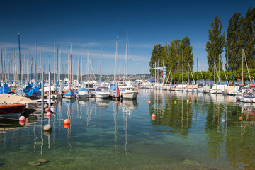 Fototapeta na wymiar Port of Unteruhldingen on Lake Constance, Baden-Wuerttemberg, Germany, Europe