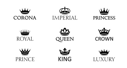 Set of vector king crowns icon on white background. Vector Illustration. Emblem, icon and Royal symbols.