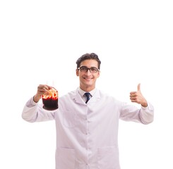 Doctor in blood donation concept isolated on white