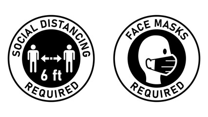 Social Distancing Required Keep Your Distance 6ft or 6 Feet and Face Masks Required Round Adhesive Sticker or Badge Instruction Icons against the Spread of Coronavirus Covid-19. Vector Image.