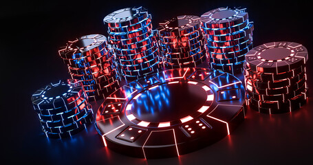 Casino Chips Concept With Red And Blue Futuristic Neon Lights Close Up - Isolated On The Black Background - 3D Illustration