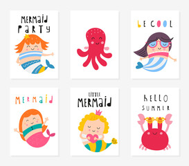 Posters set for nursery design. Cute mermaids, sea creatures - crab, octopus. Vector illustration. Kids print for baby clothes, greeting card, wrapping paper. Lettering, motivational quotes.