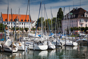 Motor boats and sailing boats,  port, Lake Constance, Lindau, Swabia, Bavaria, Germany, Europe