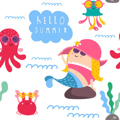 Little mermaid seamless pattern with cute mermaids, octopus, crab, jelly. Sea background. Vector Illustration. For wallpaper, baby clothes, greeting card, packaging. Pattern is cut, no clipping mask.