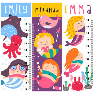 Set of kids height charts with mermaids, funny underwater animals and fishes in doodle cartoon style. Vector Illustration. Childish meter wall for nursery design. Decor for girls room.