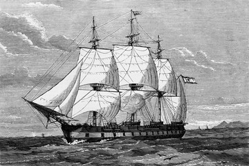 Spanish navy, frigate Almansa. Antique illustration. 1865.