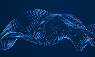 Flowing particles wave over dark background, dynamic sound motion curve lines. 3d vector illustration. Beautiful wave shaped array of shining blended points.