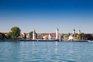 Fototapeta na wymiar New Lindau lighthouse and Bavarian lion at the harbour entrance, harbour, Lindau island, Lindau on Lake Constance, Lake Constance region, Swabia, Germany, Europe