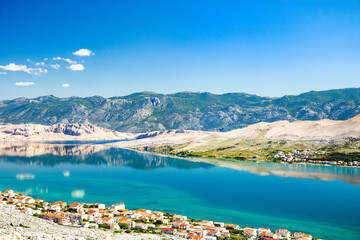 Croatia, Adriatic coastline, town of Pag on Pag island and Velebit mountain in background