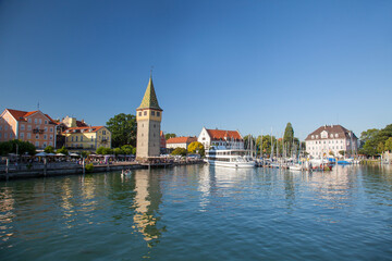 Fototapeta na wymiar harbour entrance, harbour, Lindau island, Lindau on Lake Constance, Lake Constance region, Swabia, Germany, Europe