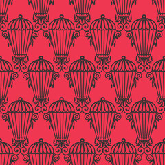 Vintage Iron Birdcages on Red Background Vector Seamless Pattern