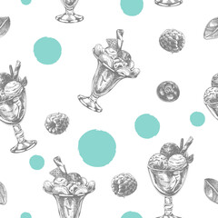 Ice cream seamless modern background, retro hand drawn vector illustration.
