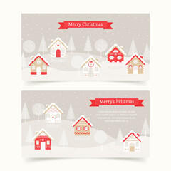 Christmas horizontal banners with winter village. Winter rural landscape with elegant houses and trees under the snowfall. Christmas and New Year holiday design. Vector illustration. 