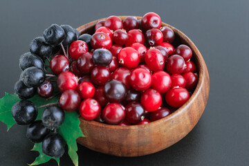 Cranberries and chokeberry in wooden bowl on black background. Nature, autumn, crop, food, berry concept.