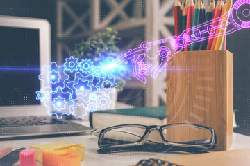 Data tech hologram with glasses on the table background. Concept of technology. Double exposure.