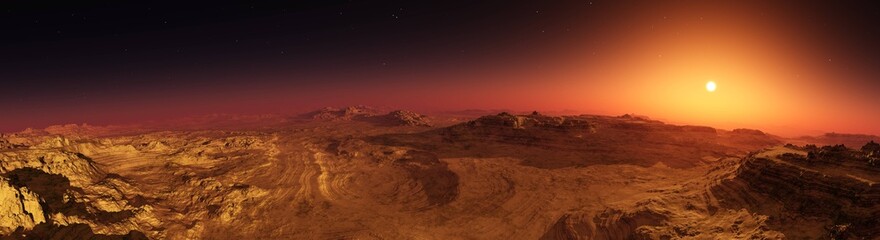 Fototapeta na wymiar Mars at sunset, mars surface, martian landscape, sunrise on mars, 3d rendering