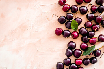 Red sweet cherry texture or wallpaper. Flat lay of berries, top view