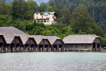 Fototapeta na wymiar Boat houses for ferries on Koenigssee Lake, Upper Bavaria, Bavaria, Germany, Europe