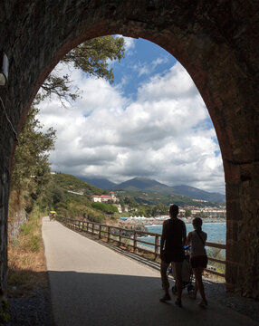 Liguria, Italy: former railway track  transformed into a promenade and bicycle lane, connecting Varazze and Cogoleto: the lungomare or passeggiata Europa