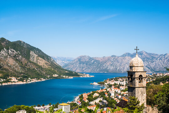 Kotor bay in Montenegro. Panoramic view from of Kotor old town and church tower. Balkans, Adriatic sea, Europe.