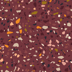 Burgundy terrazzo vector abstract background. Seamless pattern in italian or venetian classic style with natural stone, granite, marble