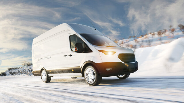 Witnerreifen an Transporter Van auf Straße mit Schnee