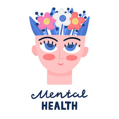 Conctpt with blooming head. Caring for mental health. Psychology and psychotherapy. Flowers growing from brain. Design is for brochure, banner, poster, advertisement. Vector illustration, eps10