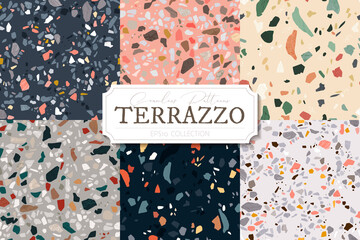 Cotton fabric Collection of vector terrazzo abstract backgrounds. Stone and rock textures for floor tiles with granite, quartz, marble and concrete. Set of seamless patterns