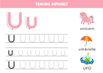 Tracing alphabet letter U with cute cartoon pictures.