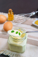 Natural mayonnaise ingredients and the sauce itself. eggs, mustard, lemon oil