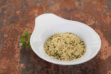 Peeled hemp seeds in the bowl