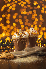 Hot chocolate with marshmallows and caramel topping
