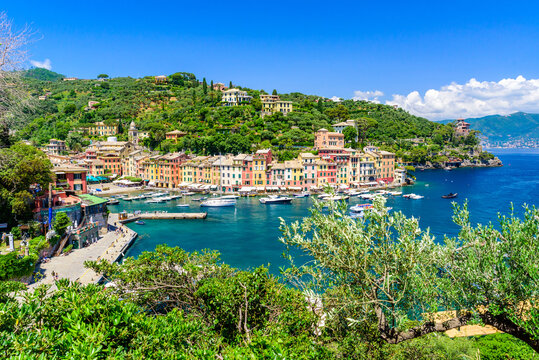 Portofino, Italy - Harbor town with colorful houses and yacht in little bay. Liguria, Genoa province, Italy. Italian fishing village with beautiful sea coast landscape in summer season.