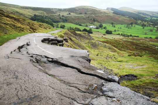 Broken Road, the old A625 on the lows slopes of Mam Tor, Castleton, Derbyshire, UK