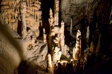 The stalagmites and stalactites of the Postojna cave, one of the largest cave systems in Slovenia