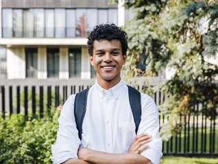 Portrait of confident university student standing outdoors and looking straight of a camera