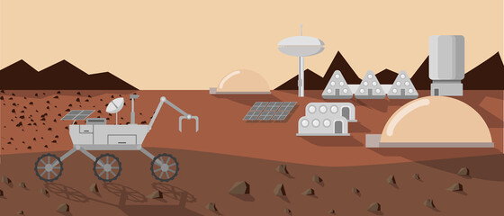 Fototapeta na wymiar Concept of Mars colonization. Explorer settlement on Mars. Flat vector illustration.