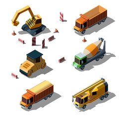 Set of equipment for the construction industry as road roller, dump truck, tracked excavator, asphalt paver, mobile crane, concrete mixer and road signs, cone. Different machines, isometric style.