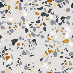 Cotton fabric Terrazzo vector seamless pattern. Abstract background with polished stone, marble, glass, granite and natural minerals in gray, sand, ashen and gold colors