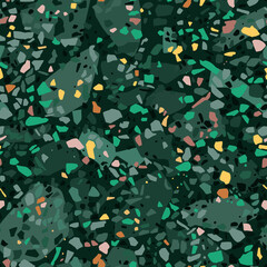 Cotton fabric Trendy terrazzo dark abstract background in green, emerald and virid colors with yellow and pink. Vector italian natural style floor, stone, rock, granite, quartz, marble and concrete