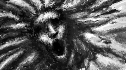 Illustration of scary woman face. Black and white horror genre picture. Spooky image of beast from nightmares. Gloomy character concept. Fantasy drawing for creepy Halloween. Coal and noise effects.