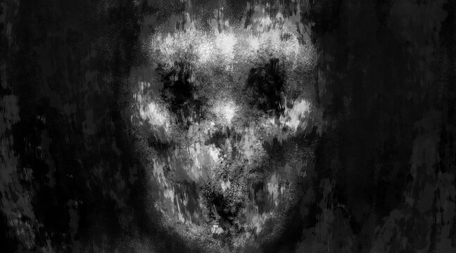 Scary illustration of evil skull face. Dark theme concept art. Black and white background. Horror image for Halloween. Grunge, dirty, coal and noise effects. Gloomy character from nightmares.