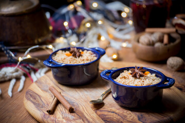 Winter crumble dessert and mulled wine