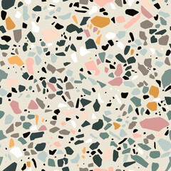 Cotton fabric Vector terrazzo seamless pattern. Classic italian type of floor with stone and rock texture surface. Abstract background in yellow, green, pink colors