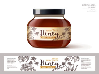 Wildflower organic natural honey in realistic 3d glass jar with label. Design of package with hand drawn sketch of lavender, clover and linden. Vector illustration with layout or temlate of tag