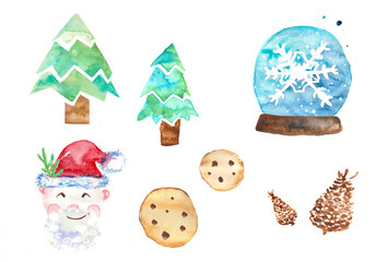 Xmas different element with snowball,  fir, santa claus, cookie, biscuit chocolate, pine cone natural watercolor