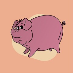 Illustration of Smiling Pig Cartoon, Cute Funny Character, Flat Design
