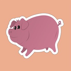 Sticker of Smiling Pig Cartoon, Cute Funny Character, Flat Design